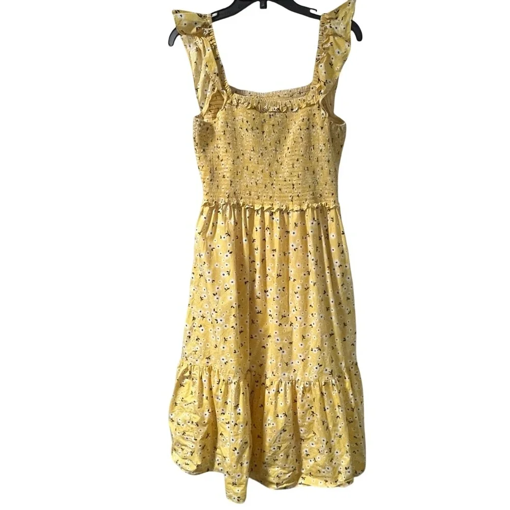 Kate Spade Yellow Floral Midi Fleurette Toss Smocked Dress Cottage Spring Size L